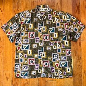 100% Silk Abstract Print Pattern Button Down Shirt